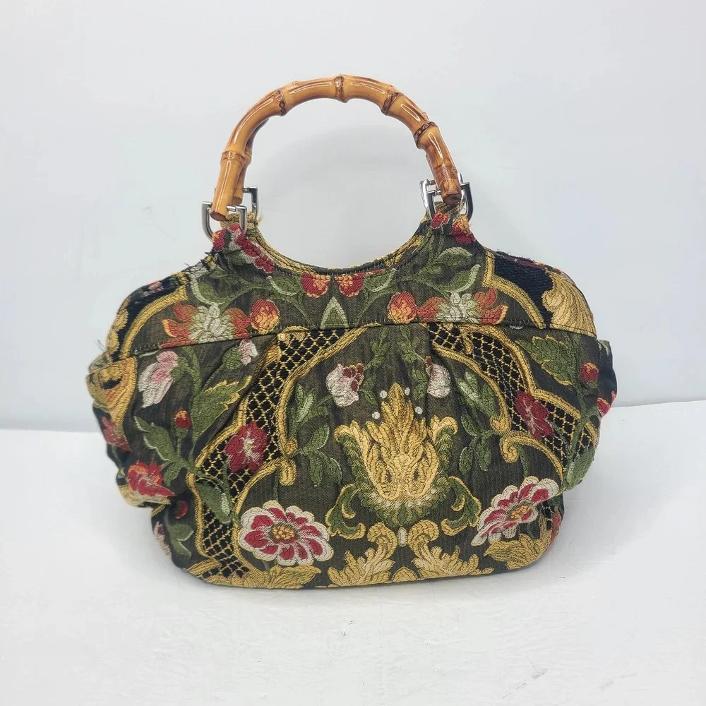 Vintage Talbots Bag Floral‎ Tapestry Purse Bamboo Handles Magnetic Closure Y2K